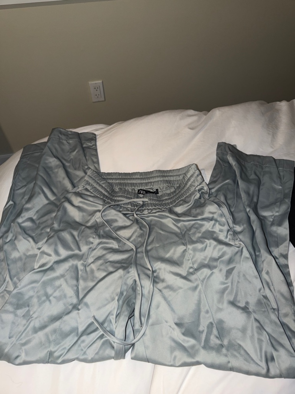Zara Satin Light Gray Drawstring Joggers